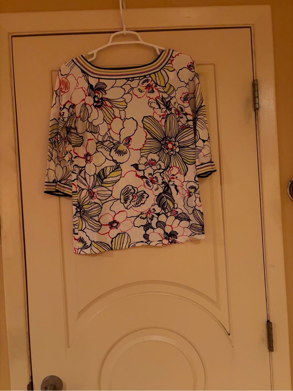 Chico's White Floral Boatneck white black green and red top. Size Medium